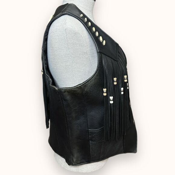 S.P. Leathers Buffalo Nickel Snap Bikers Vest Black Fringe Native Beadwork 10-12 - Picture 12 of 13